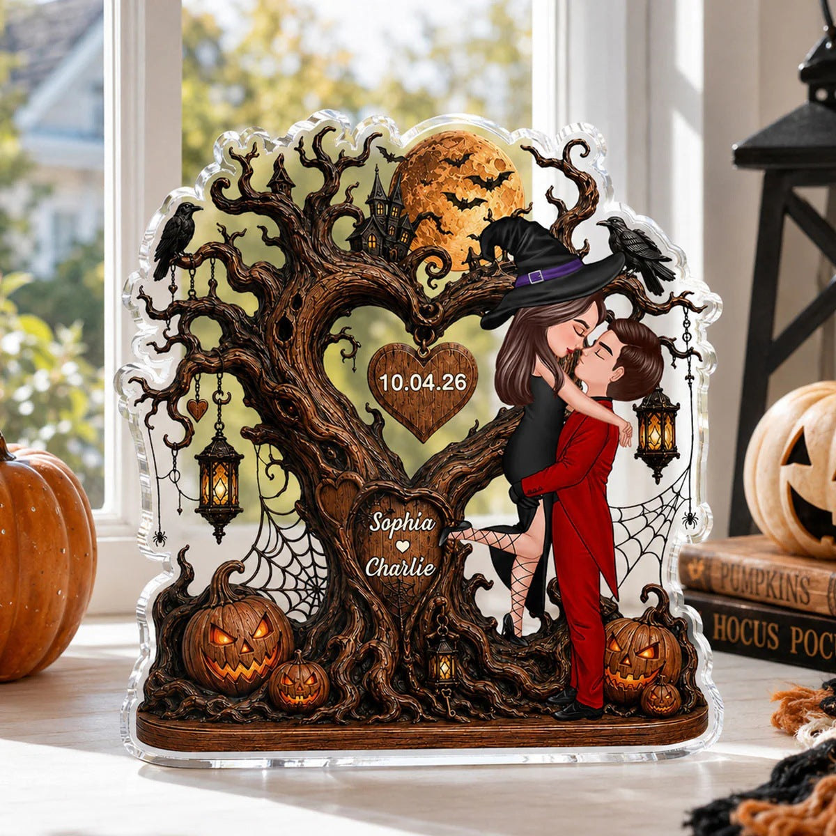 🎃"Kissing Couple by the Heart Tree" – Personalized Acrylic Keepsake Plaque: A Halloween Gift for Couples 💕