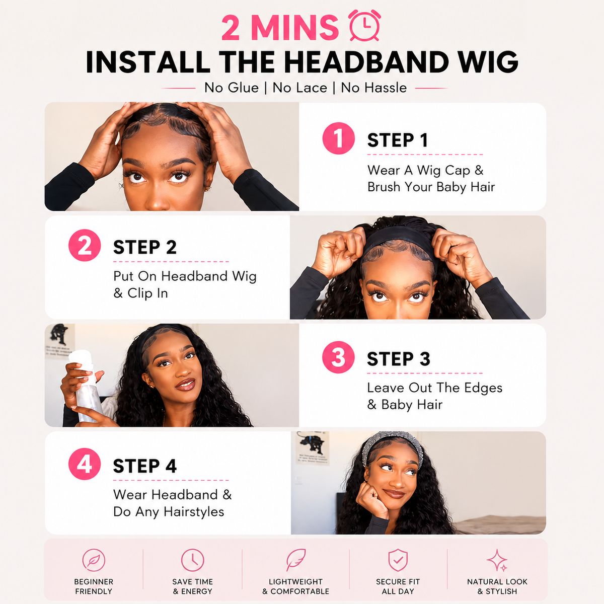 Ice Silk Headband Wig-100% Human Hair, Real Look