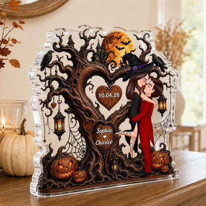 🎃"Kissing Couple by the Heart Tree" – Personalized Acrylic Keepsake Plaque: A Halloween Gift for Couples 💕