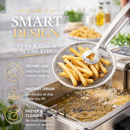 🔥50% OFF!🥢2 In 1 Food Tongs With Built In Oil Strainer For Easy Frying Serving And Draining