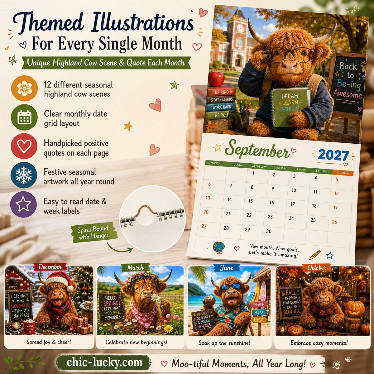 🔥2027 Funny Highland Cow Wall Calendar | A4 Hanging Calendar | Designed by Isabel Kline