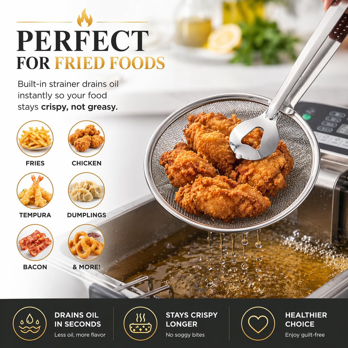 🔥50% OFF!🥢2 In 1 Food Tongs With Built In Oil Strainer For Easy Frying Serving And Draining