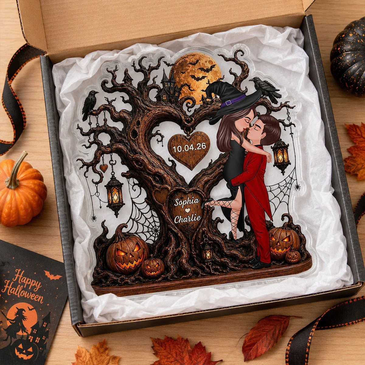 🎃"Kissing Couple by the Heart Tree" – Personalized Acrylic Keepsake Plaque: A Halloween Gift for Couples 💕