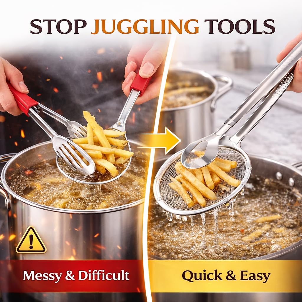 🔥50% OFF!🥢2 In 1 Food Tongs With Built In Oil Strainer For Easy Frying Serving And Draining
