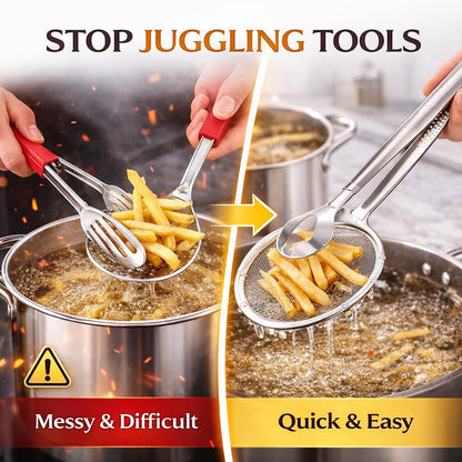 🔥50% OFF!🥢2 In 1 Food Tongs With Built In Oil Strainer For Easy Frying Serving And Draining