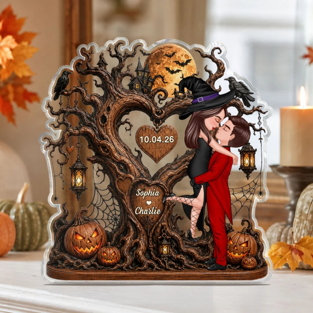 🎃"Kissing Couple by the Heart Tree" – Personalized Acrylic Keepsake Plaque: A Halloween Gift for Couples 💕