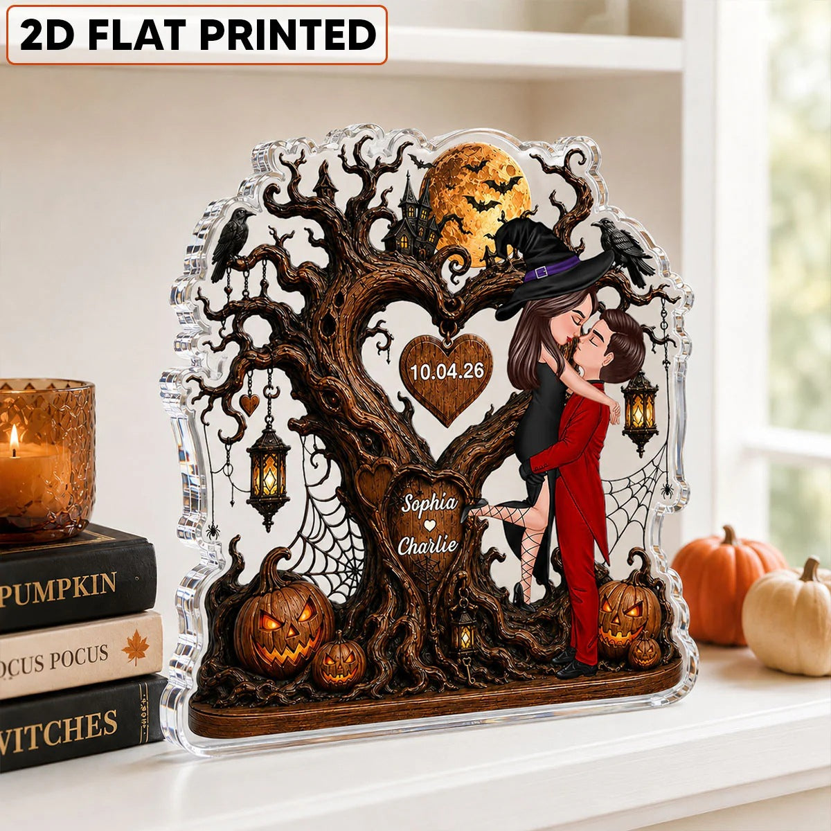 🎃"Kissing Couple by the Heart Tree" – Personalized Acrylic Keepsake Plaque: A Halloween Gift for Couples 💕