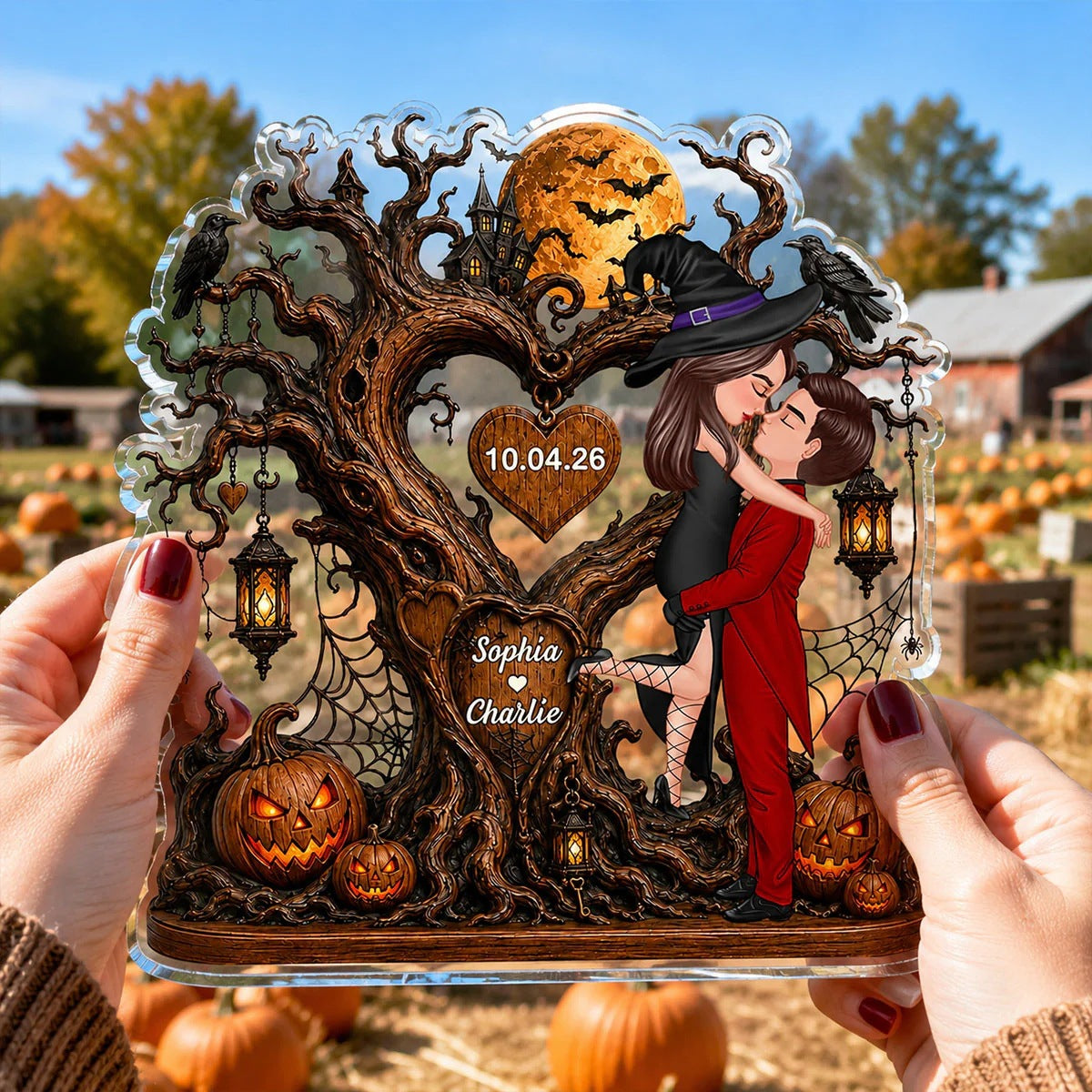 🎃"Kissing Couple by the Heart Tree" – Personalized Acrylic Keepsake Plaque: A Halloween Gift for Couples 💕
