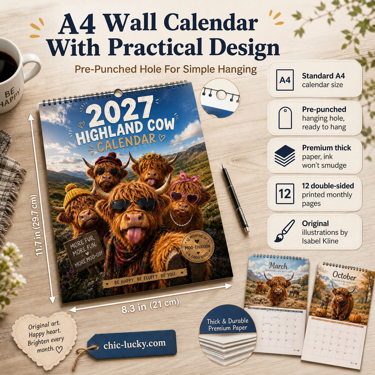 🔥2027 Funny Highland Cow Wall Calendar | A4 Hanging Calendar | Designed by Isabel Kline
