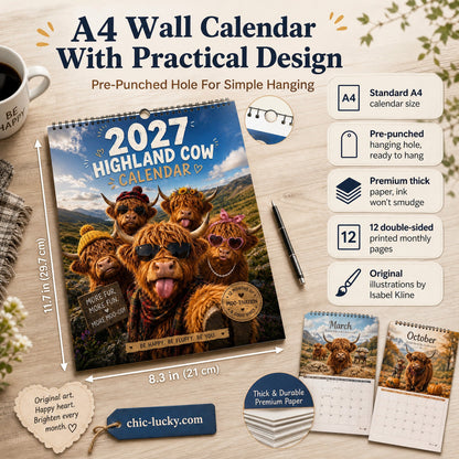 🔥2027 Funny Highland Cow Wall Calendar | A4 Hanging Calendar | Designed by Isabel Kline