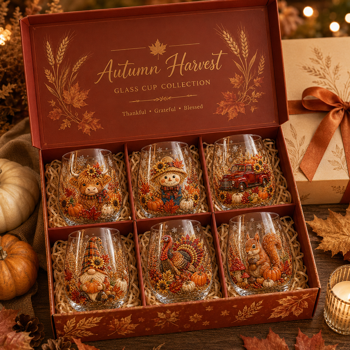 🔥 Last Day 50% OFF✨-🍂Autumn Harvest 3D Glass Cup Gift Set – 6 Festive Designs