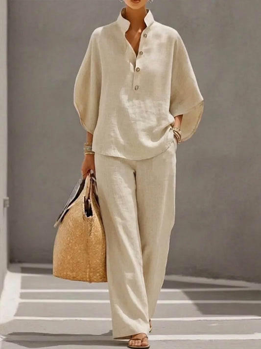 🔥 49% OFF🔥Women's Batwing Sleeve Linen Cotton Two-Piece Set – Casual Shirt & Wide Leg Pants Outfit