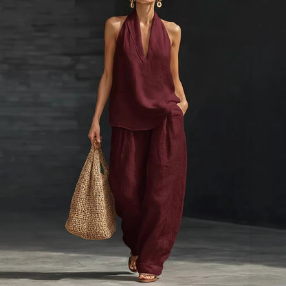 Women's Casual Halter Top & Wide-Leg Pants Set– Halter Top & Wide Leg Pants for Beach & Brunch