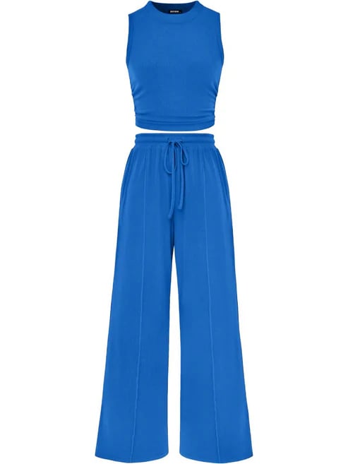 🔥Women Sleeveless Cropped Top Elastic Waist Wide Leg Pants 2 Piece Set