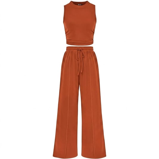 🔥Women Sleeveless Cropped Top Elastic Waist Wide Leg Pants 2 Piece Set