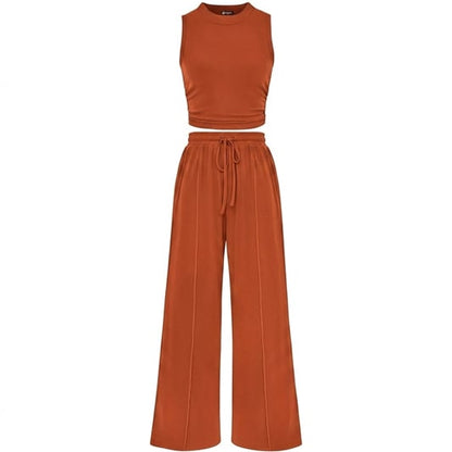 🔥Women Sleeveless Cropped Top Elastic Waist Wide Leg Pants 2 Piece Set