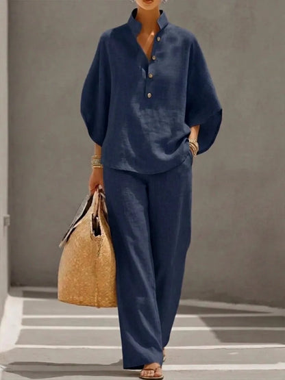 🔥 49% OFF🔥Women's Batwing Sleeve Linen Cotton Two-Piece Set – Casual Shirt & Wide Leg Pants Outfit