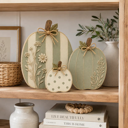 🎃🌿Sage Cream Wooden Pumpkin Trio Rustic Fall Home Decor🍂✨