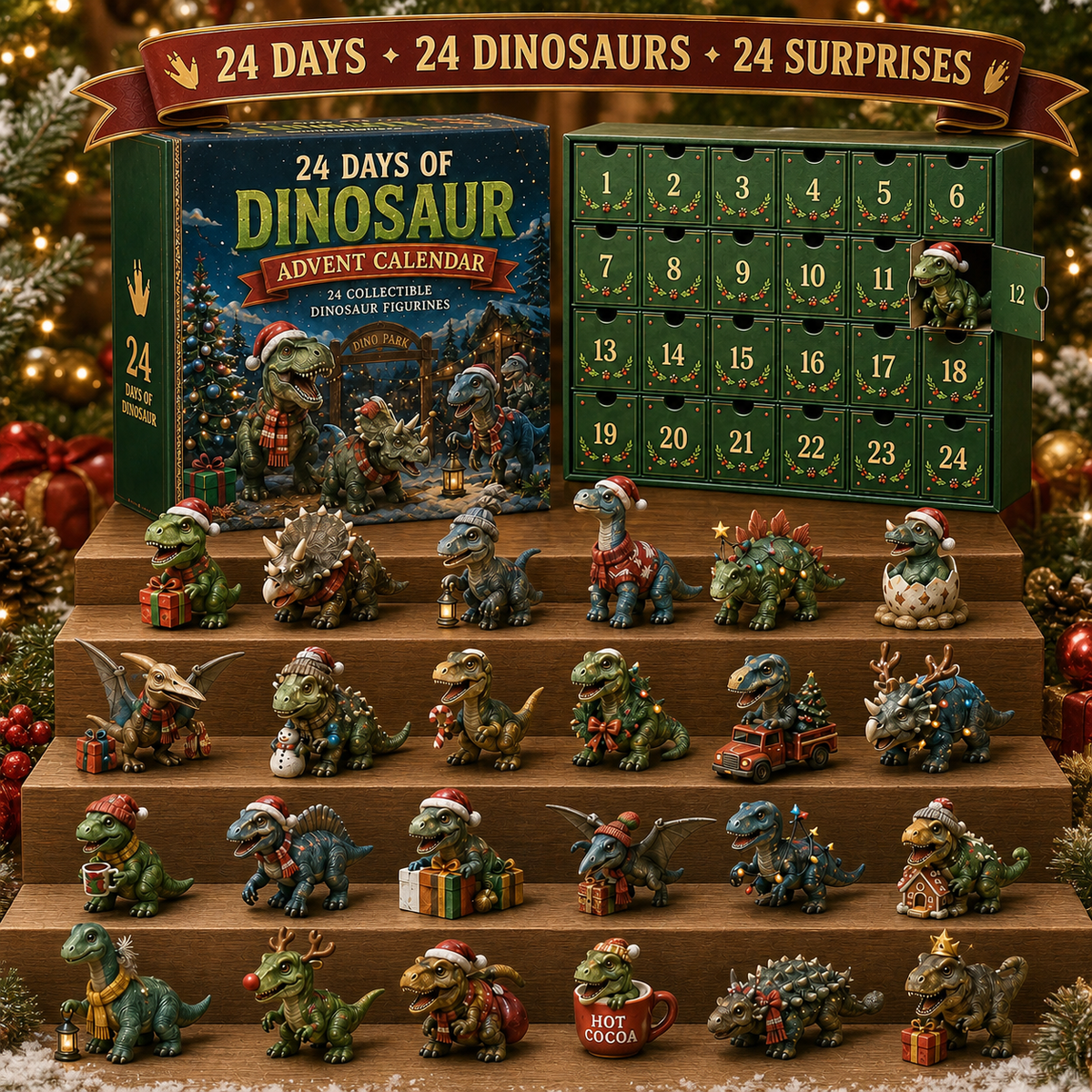 🦖24 Days of Dinosaur Christmas Advent Calendar – 24 Collectible Dino Figurines Holiday Surprises