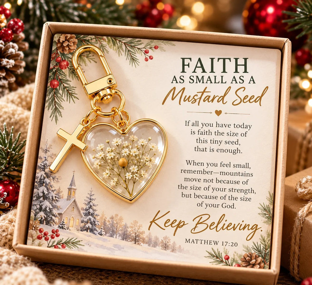Mustard seed faith keychain displayed with the Keep Believing Matthew 17:20 encouragement card