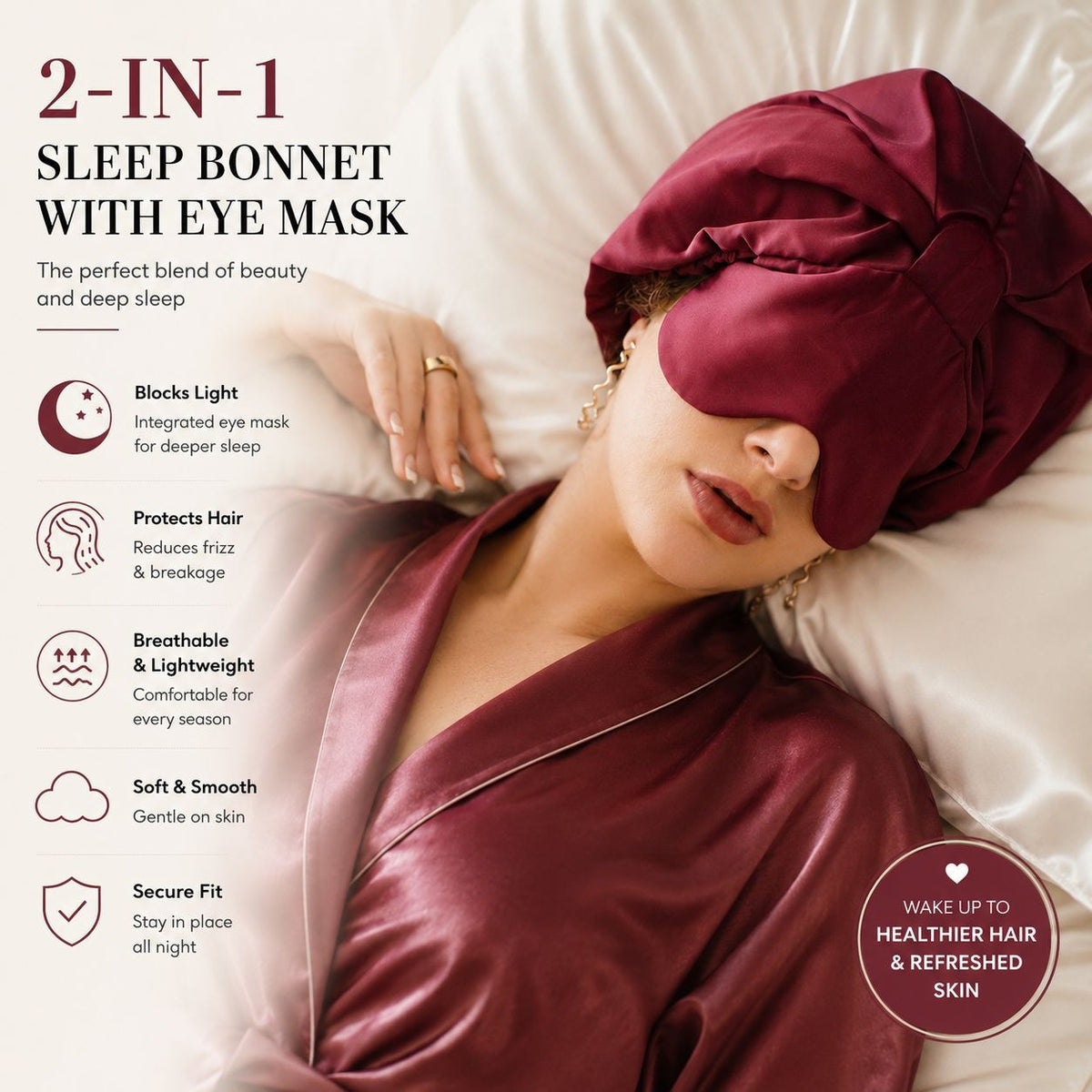 Silk Sleep Bonnet with Foldable Eye Mask – Anti-Frizz Hair & Light-Blocking Comfort