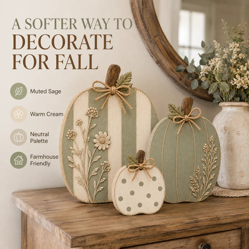 🎃🌿Sage Cream Wooden Pumpkin Trio Rustic Fall Home Decor🍂✨