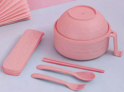 🔥 5-Piece Wheat Straw Ramen Bowl Draining Design Microwave Safe Noodle Cooke with Chopsticks🍜