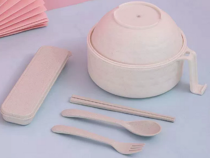 🔥 5-Piece Wheat Straw Ramen Bowl Draining Design Microwave Safe Noodle Cooke with Chopsticks🍜