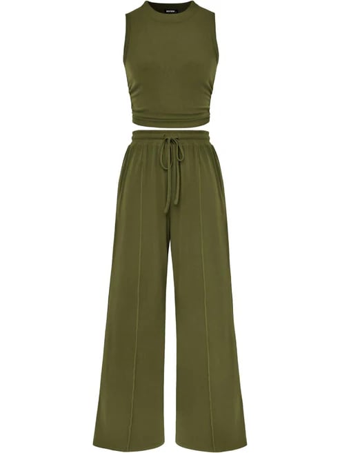 🔥Women Sleeveless Cropped Top Elastic Waist Wide Leg Pants 2 Piece Set