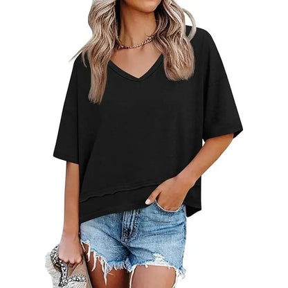 Women's Summer V Neck T Shirts Casual Short Sleeve Flowy Tops Cute Loose Fit Basic Tees Premium Blend Fabric Flattering V Neckline