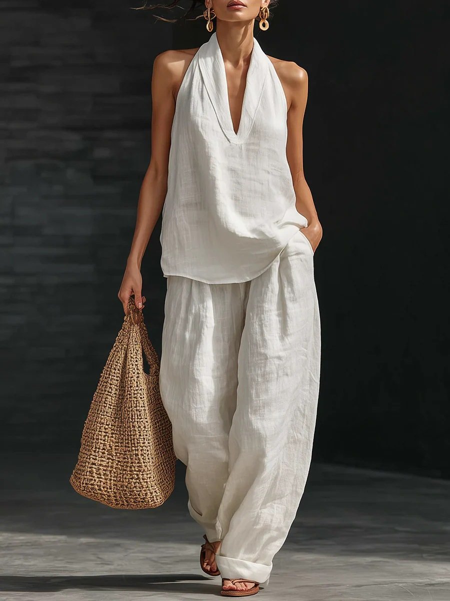 Women's Casual Halter Top & Wide-Leg Pants Set– Halter Top & Wide Leg Pants for Beach & Brunch