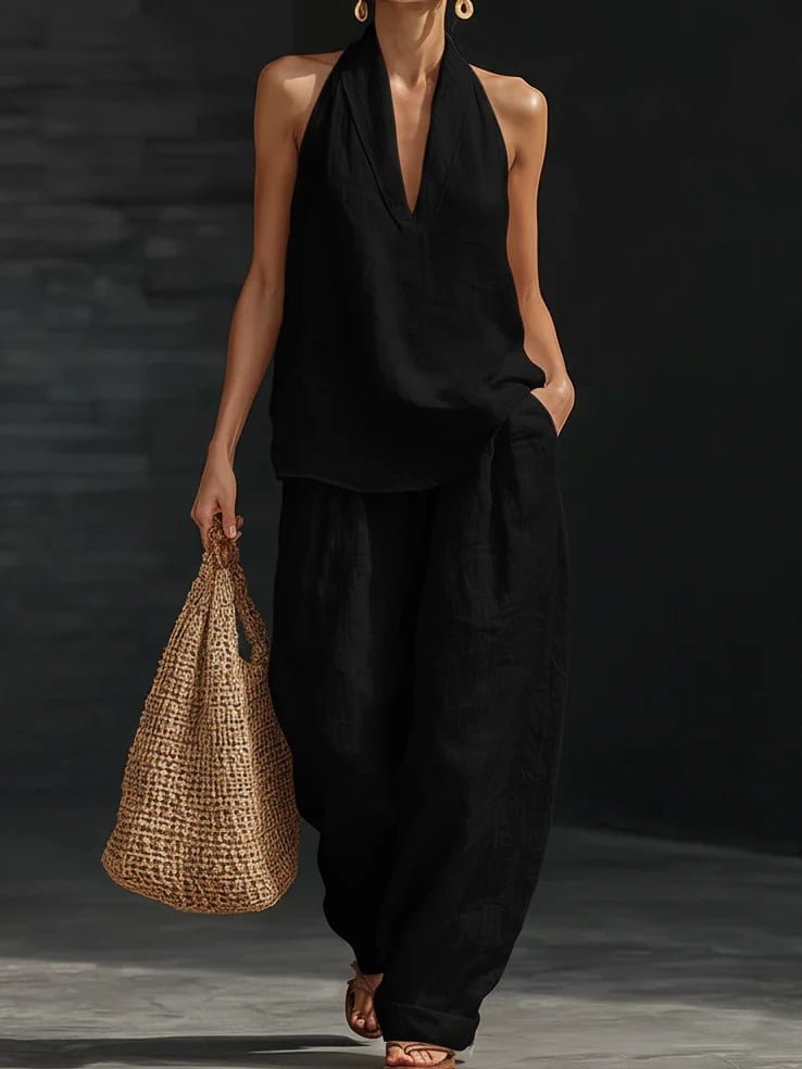 Women's Casual Halter Top & Wide-Leg Pants Set– Halter Top & Wide Leg Pants for Beach & Brunch