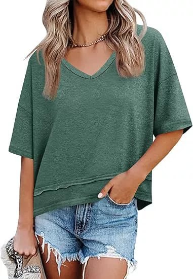 Women's Summer V Neck T Shirts Casual Short Sleeve Flowy Tops Cute Loose Fit Basic Tees Premium Blend Fabric Flattering V Neckline