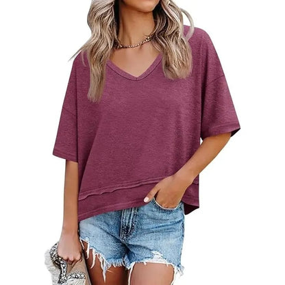 Women's Summer V Neck T Shirts Casual Short Sleeve Flowy Tops Cute Loose Fit Basic Tees Premium Blend Fabric Flattering V Neckline