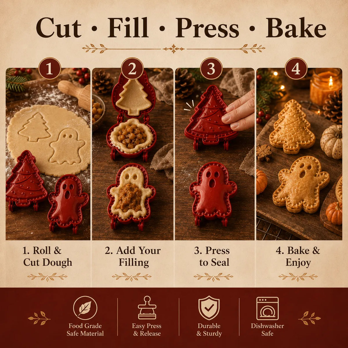 🎃🎄8-Piece Holiday Hand-Press Pastry Molds Cookie Pie Baking Tools🥧✨