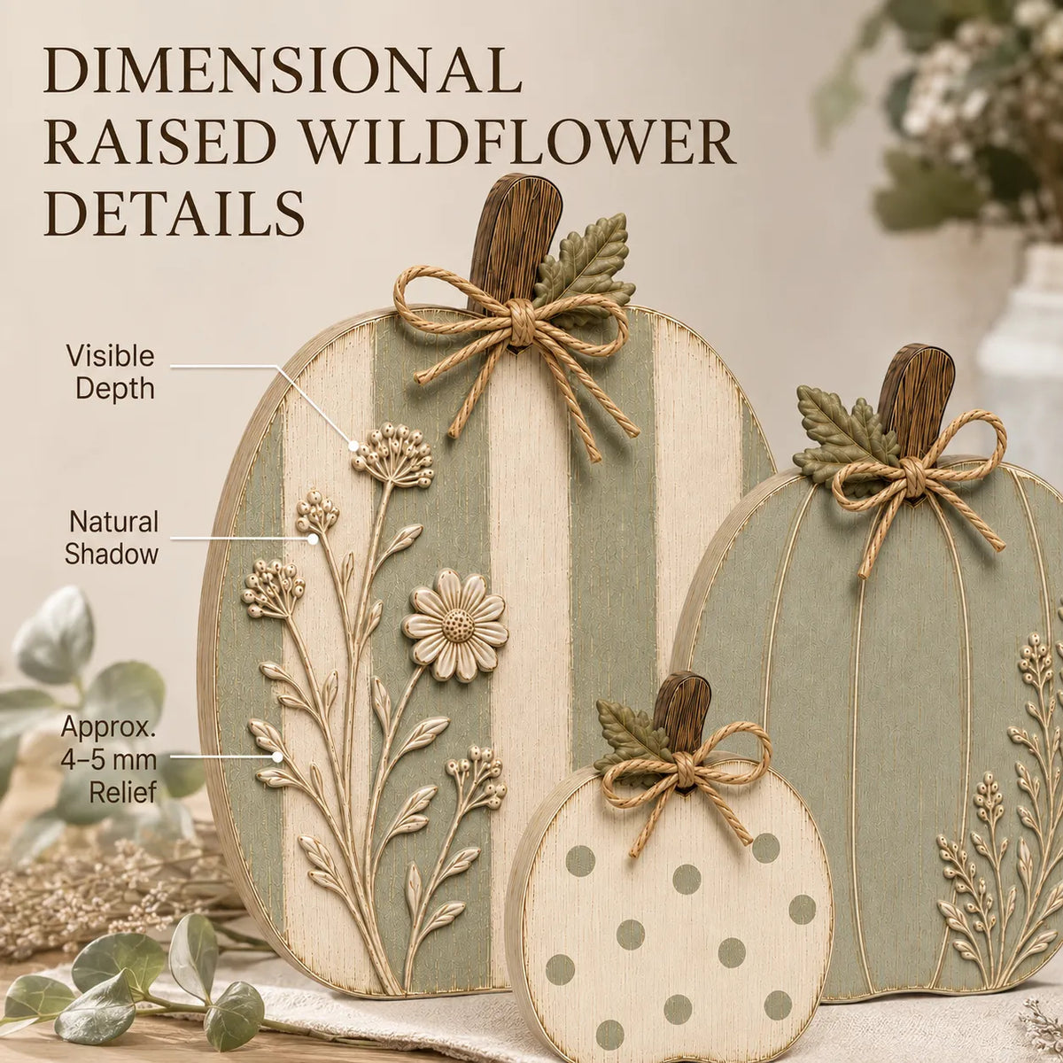 🎃🌿Sage Cream Wooden Pumpkin Trio Rustic Fall Home Decor🍂✨