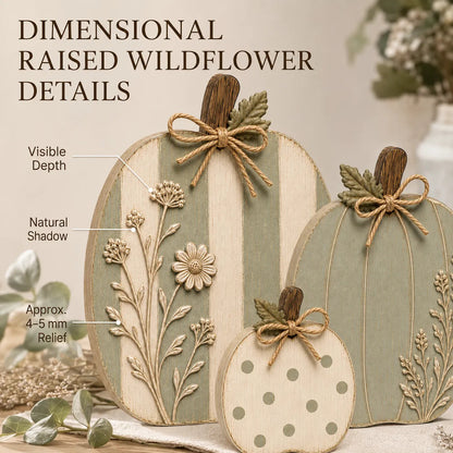 🎃🌿Sage Cream Wooden Pumpkin Trio Rustic Fall Home Decor🍂✨