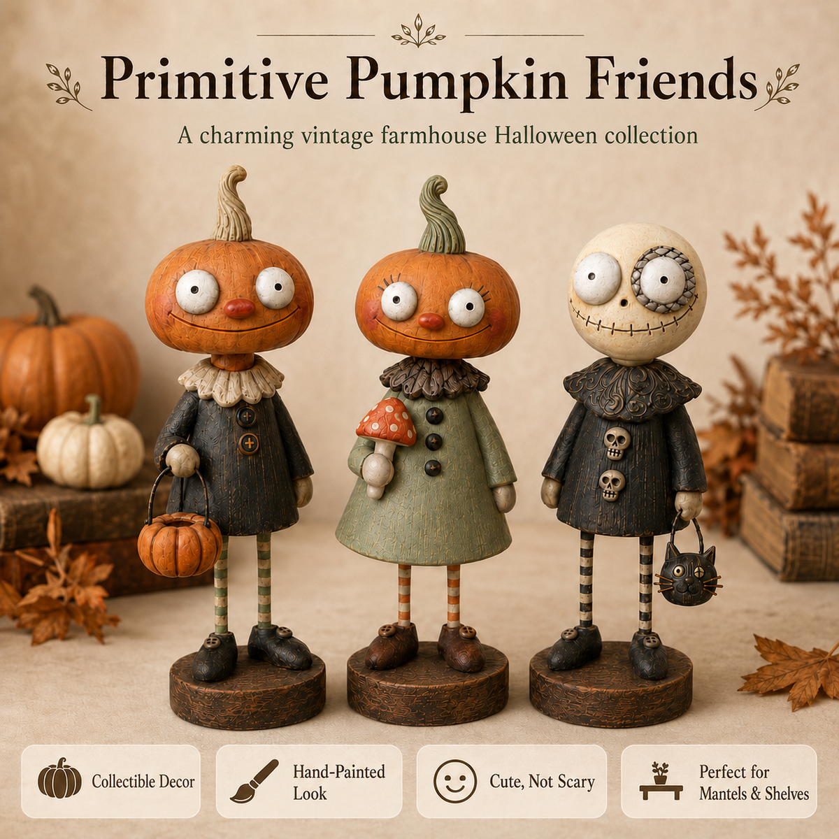 🎃👻 Primitive Pumpkin Friends – Vintage Halloween Figurines for Cozy Spooky Décor! 🕯️🧡