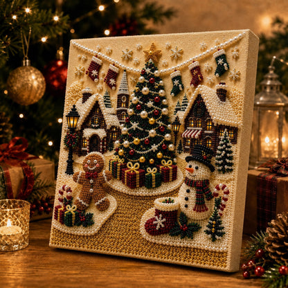 🎅 🎄 Premium 3D Pearl Christmas Wall Art Kit | Luxury Flocked Canvas with Scratch-Resistant Non-Fading Pearl Beads DIY Holiday Decor⛄️❄️