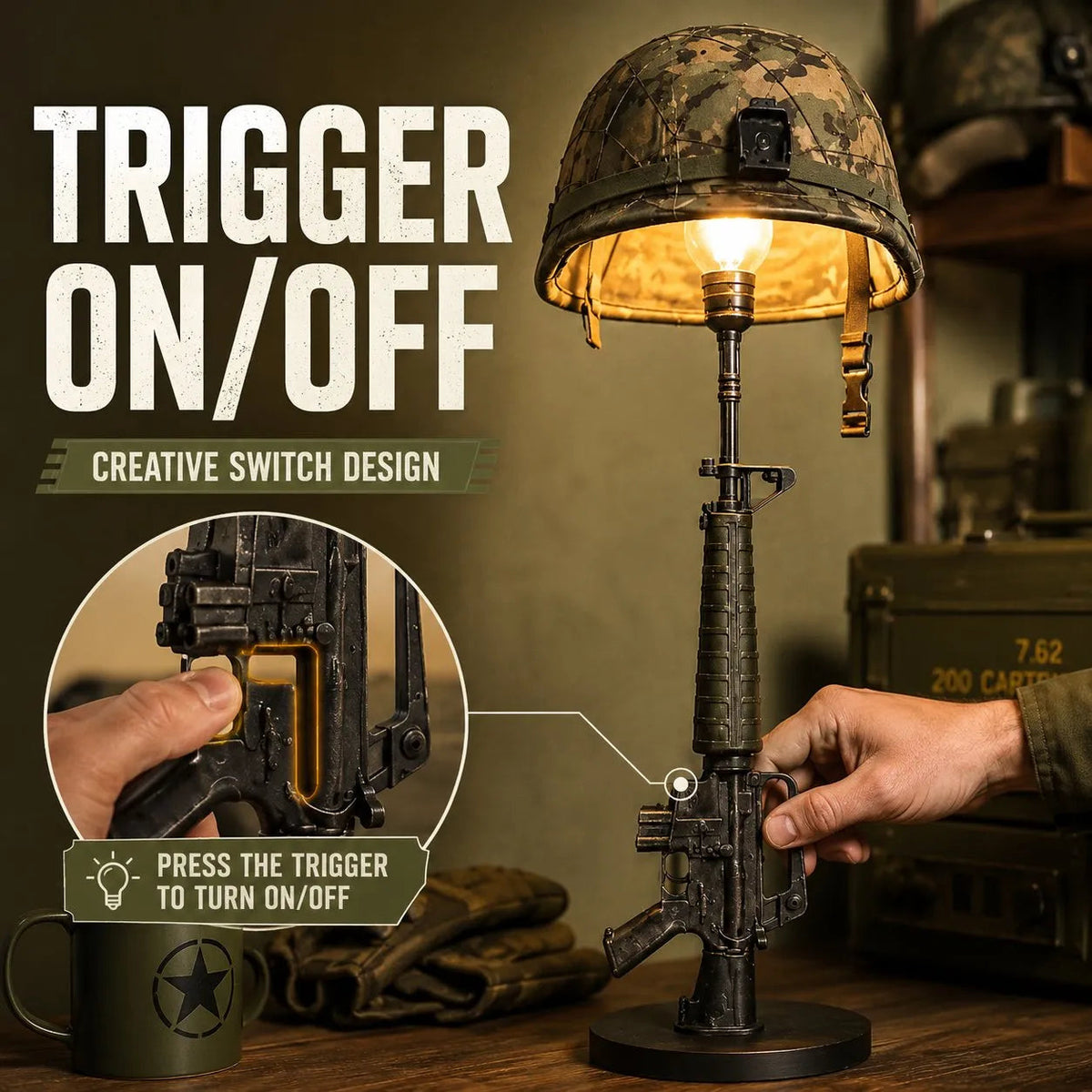 🪖 Tactical Rifle & Helmet Table Lamp💡| ⚡Trigger Switch Military-Style Decor🔥