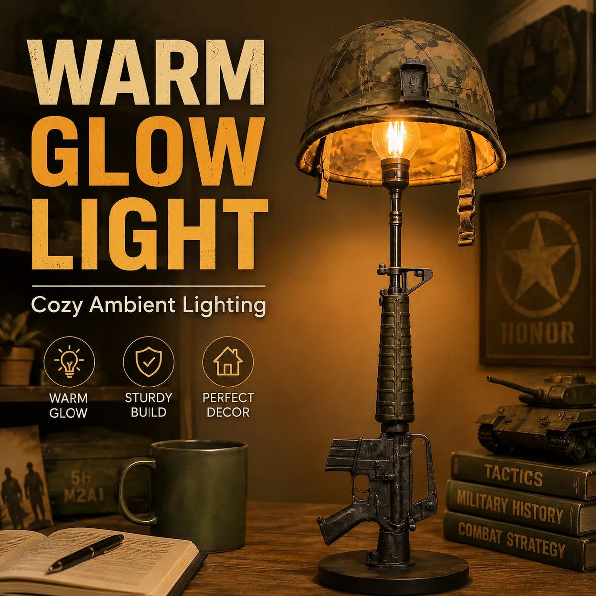 🪖 Tactical Rifle & Helmet Table Lamp💡| ⚡Trigger Switch Military-Style Decor🔥
