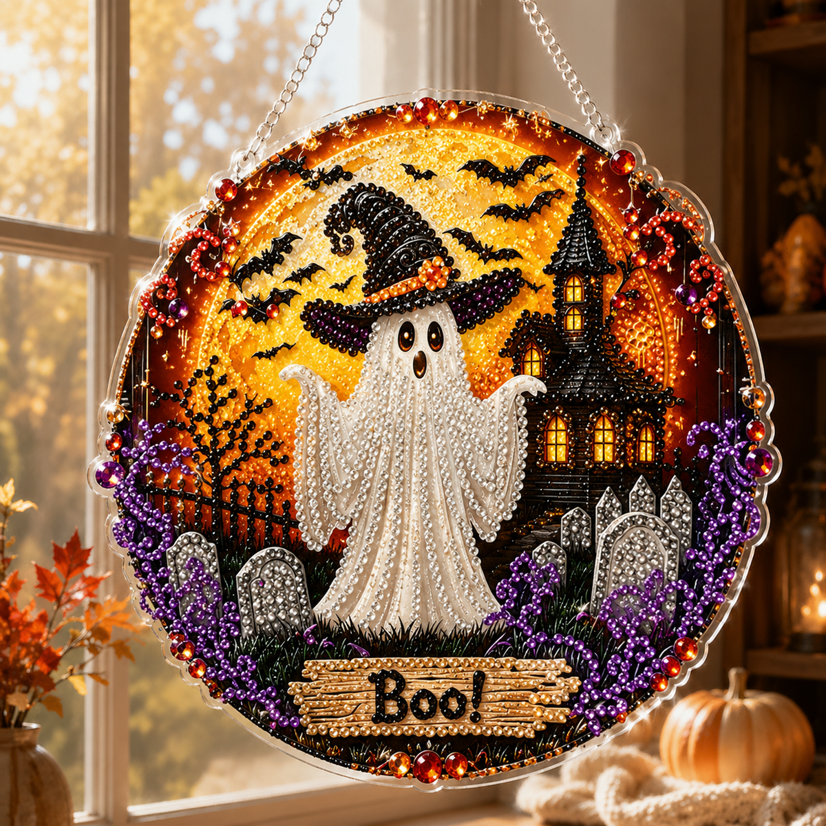 🔥Last Day 50% OFF-🎃Halloween Black Cat Moon Diamond Art Hanging Ornament Kit