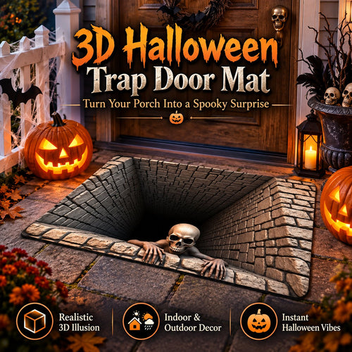 💀3D Illusion Skull Pit Mat – Halloween Area Rug with Skeleton Crawling Out of a Hole