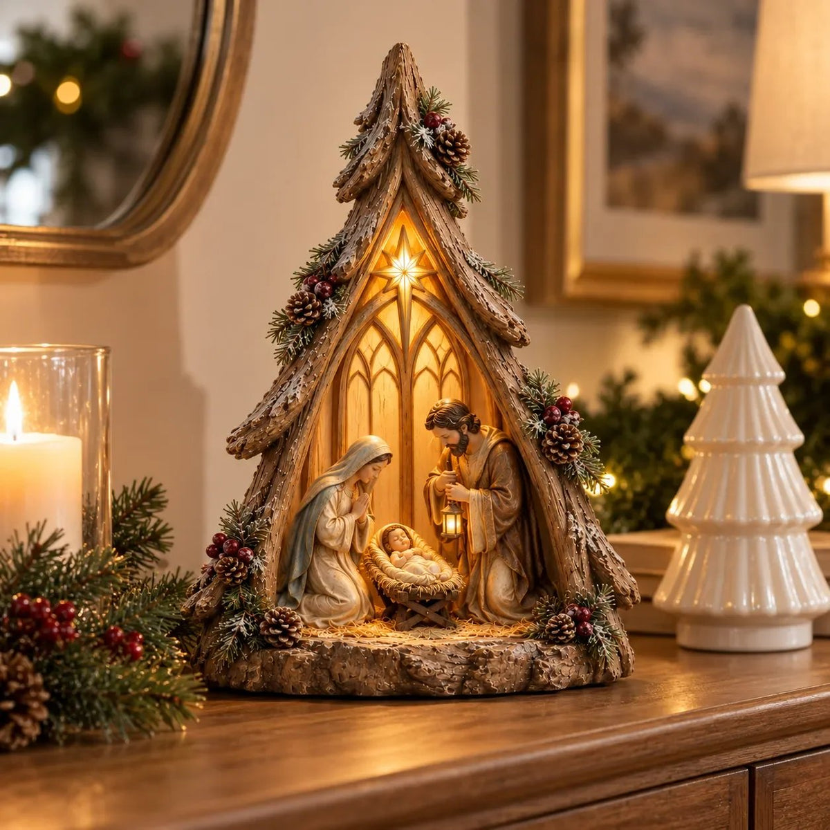 🎄✨ Old-World Lighted Nativity Trees – Warm Vintage Glow & Meaningful Christmas Décor ✝️🏡💛