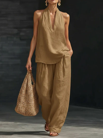 Women's Casual Halter Top & Wide-Leg Pants Set– Halter Top & Wide Leg Pants for Beach & Brunch