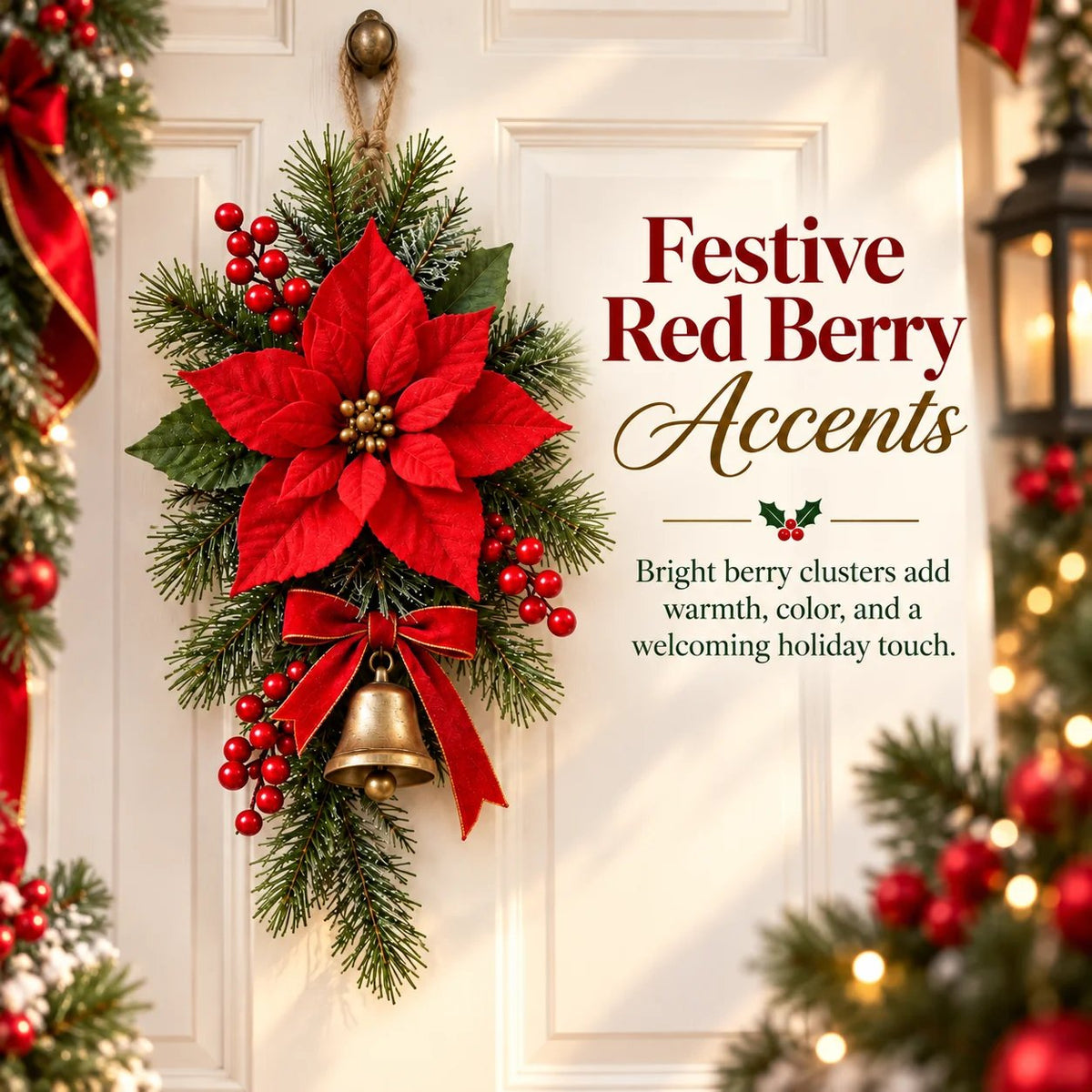 💯 🎄 Classic Red Poinsettia Christmas Door Swag ❤️ – Festive Holiday Floral Wreath Decor for Front Door & Home