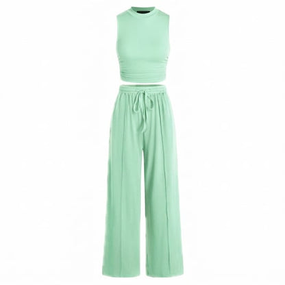 🔥Women Sleeveless Cropped Top Elastic Waist Wide Leg Pants 2 Piece Set