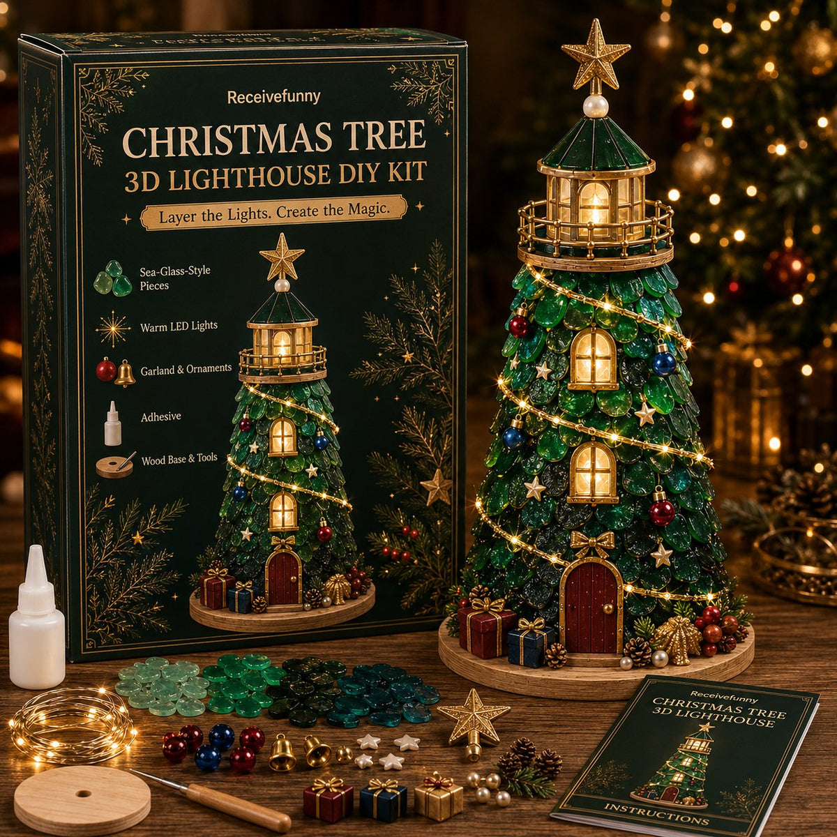 🎄✨DIY Lighted Christmas Lighthouse Kit Handmade Sea Glass Craft Gift💕