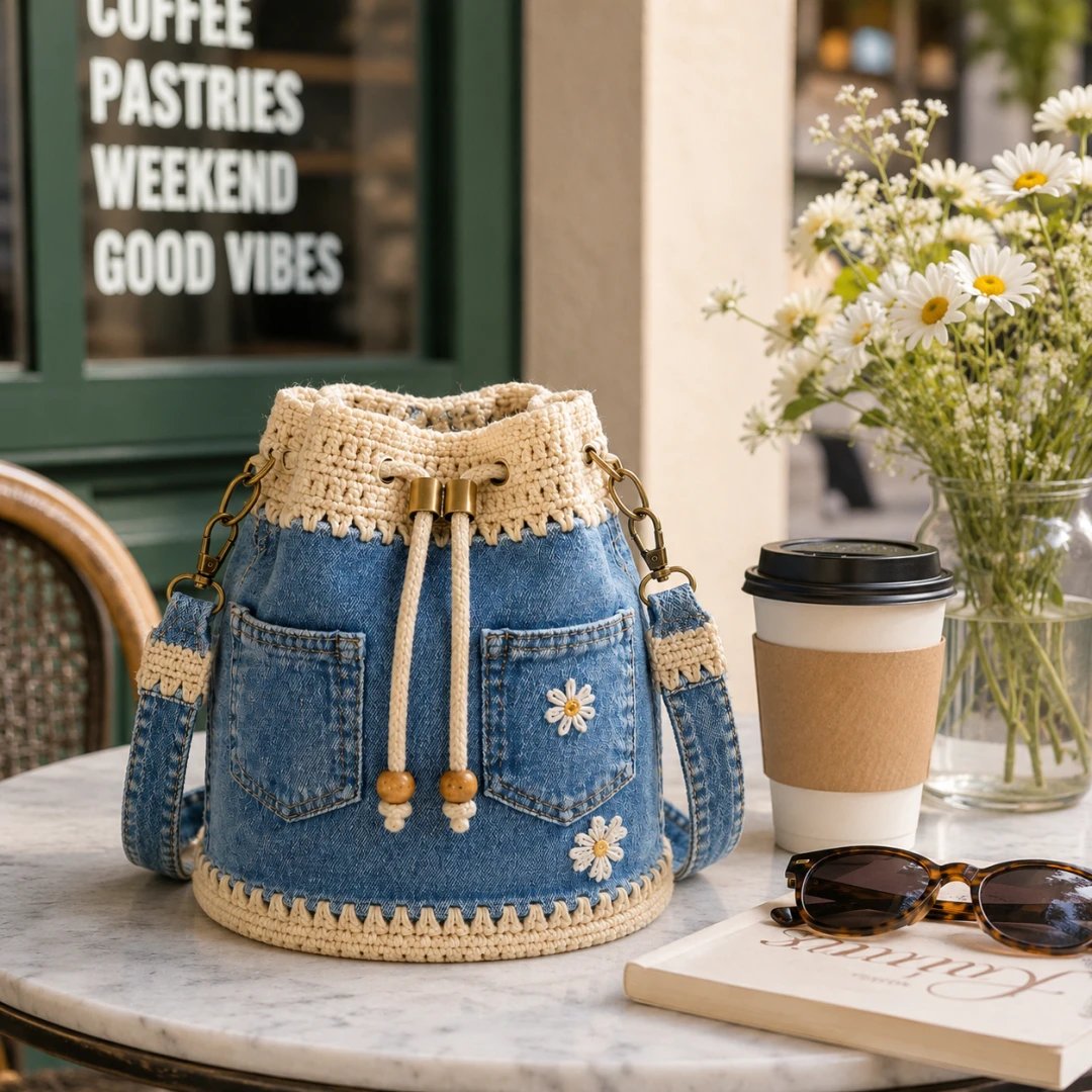🔥HOT SALE 50% OFF✨👜Handmade Denim Crochet Bucket Bag