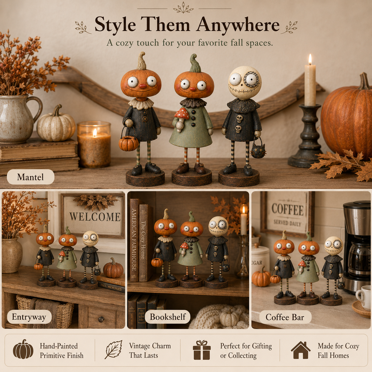 🎃👻 Primitive Pumpkin Friends – Vintage Halloween Figurines for Cozy Spooky Décor! 🕯️🧡